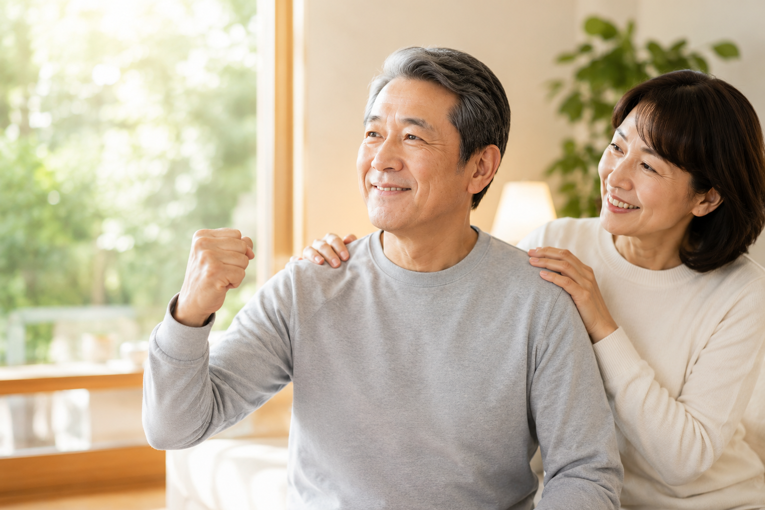夫が活力を取り戻し笑顔で会話
